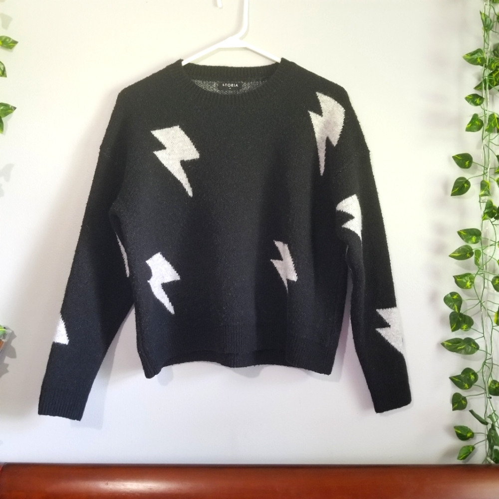 Storia Black White Lightning Bolt Knit Sweater Soft Med Pullover Womens